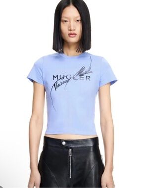 Thierry Mugler X H&M Blue Big Logo Women T-Shirt 100% Cotton Size L